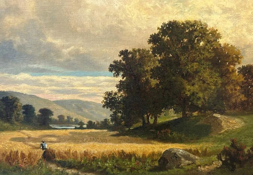 Painting of a person walking through a field of wheat with oak trees on a nearby hill.