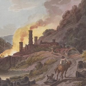 Aquatint depicting smoke rising from chimneys, in the foreground a person rides a horse, followed by a dog.