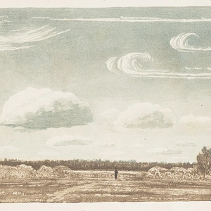 A painting of an open plain with whisps of clouds above.