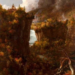 A painting of buildings high up on a distant mountain cliff.