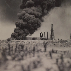 A large plume of black smoke rises in the distance while a person seems to stand nearby. 