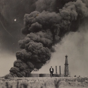 A black and white image of a smoke cloud rising from the ground with a person walking away.