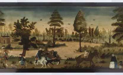 Painting of an outdoor setting with pond and trees, populated with characters on horseback and on foot along a path in the foreground and additional figures interspersed in the background. 