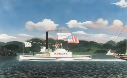 Oil painting of the profile of a steamship on the water in front of green hills; the boat is flying an American flag and towing a sloop with a tall mast, the sloop's back half cut off from view by the edge of the canvas.