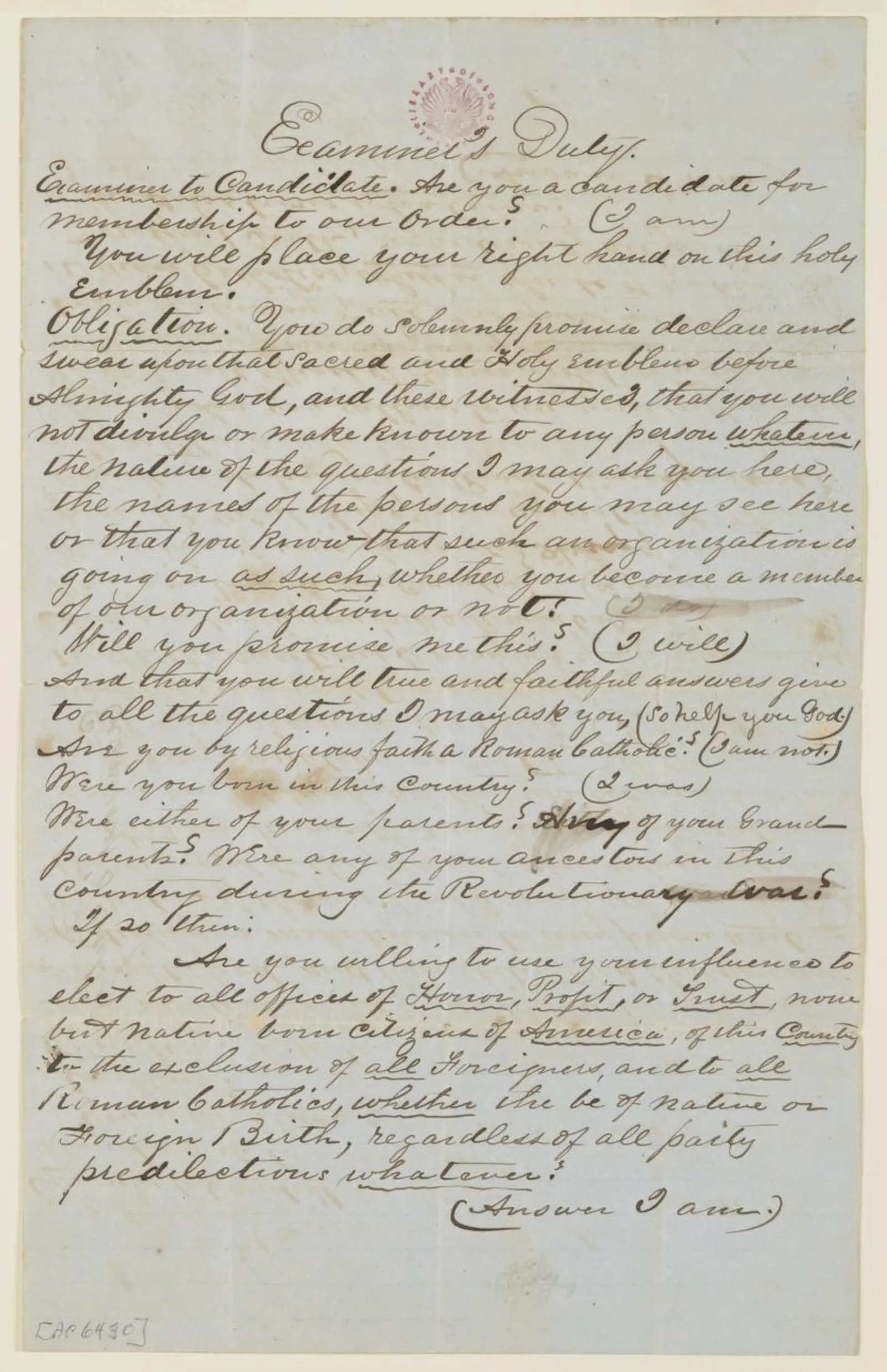 Handwritten list of Examiner's questions for admittance to the American (or Know-Nothing) Party, July 1854.