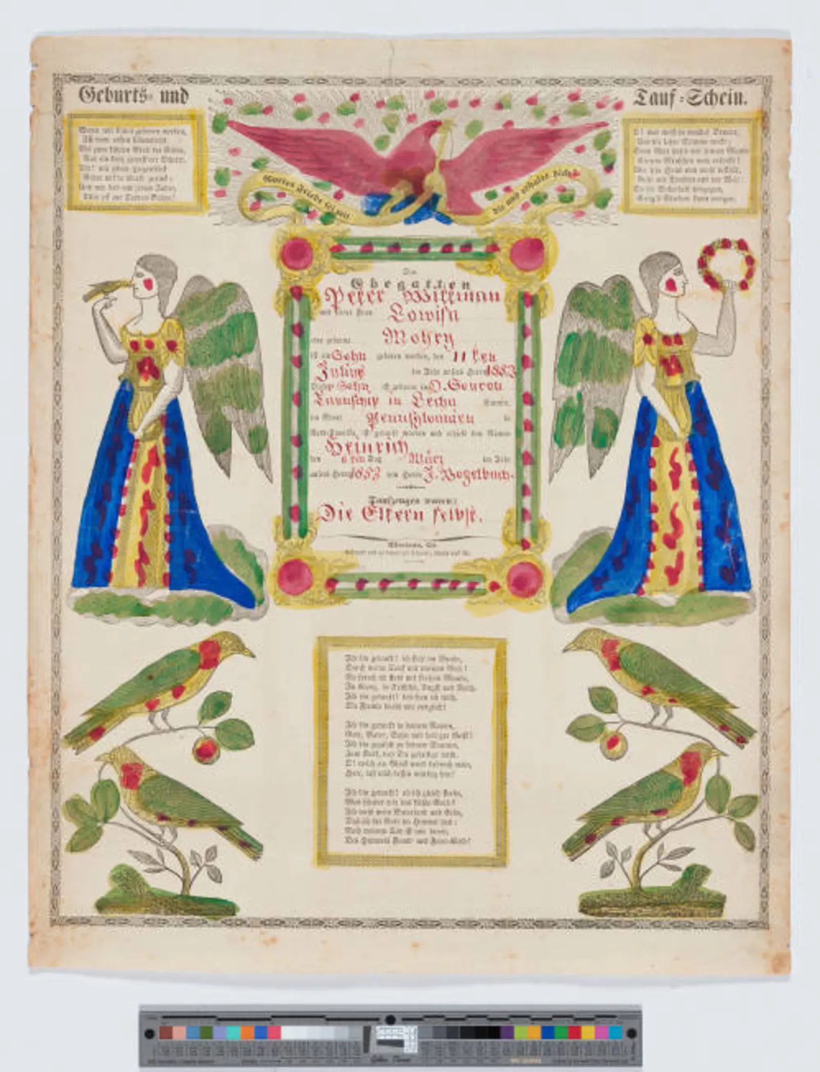 Image of a birth and baptism certificate with angels, birds, and an American eagle.