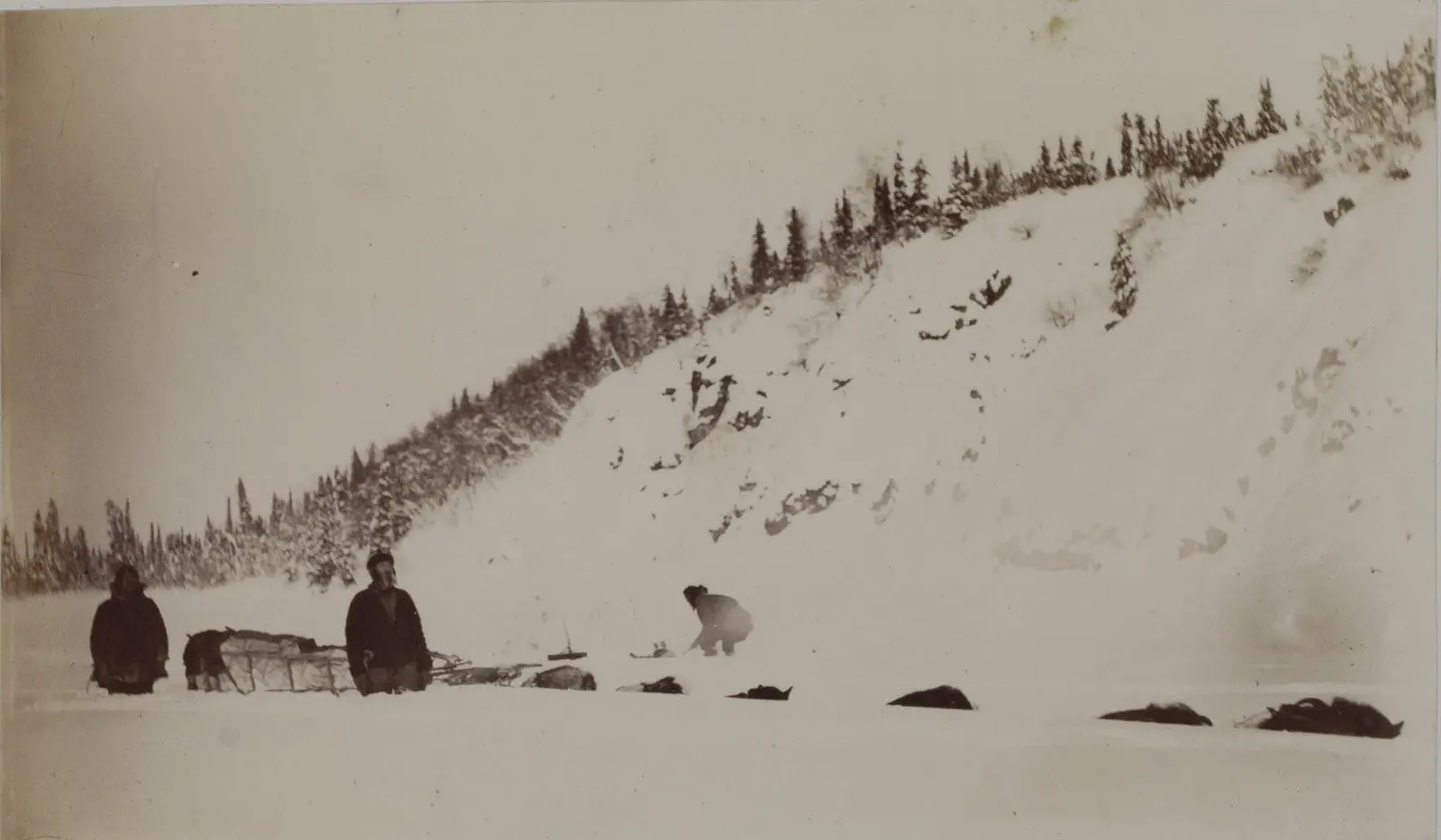 Black and white photograph of six dogs in a line pulling a sled through the snow. The snow mostly blocks the dogs from view, and only the tops of their backs and heads are visible. Three people are also in the photograph with the dogs.