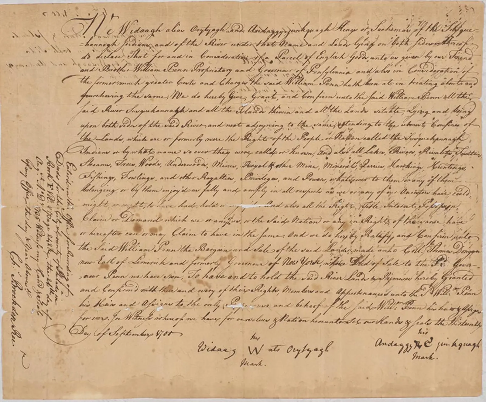 First page of the Deed for Indian lands along the Susquehannah River