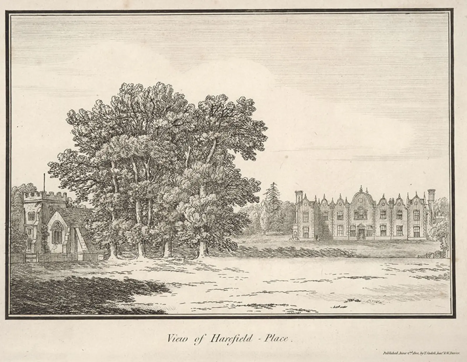 Engraving of Harefield Place with trees and an open field