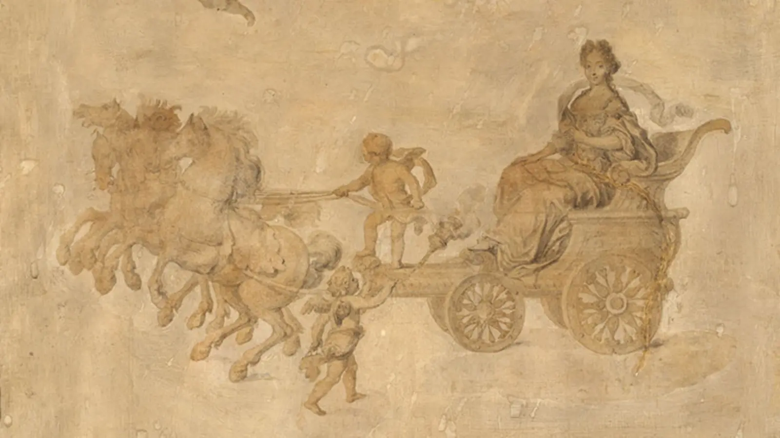 Marie Anne Christine on a horse-drawn carriage with the assistance of cherubs.