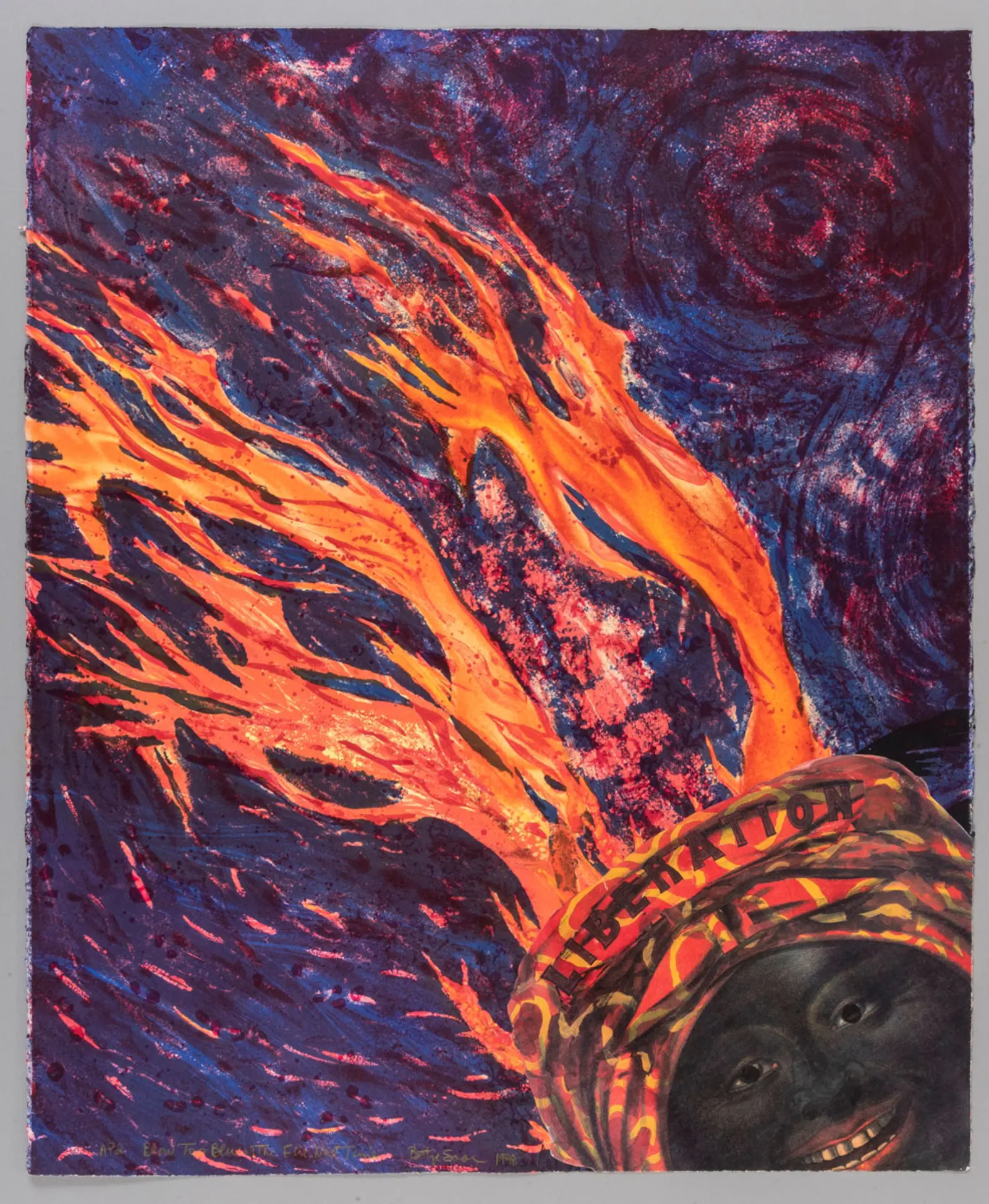 Lithograph of a black woman wearing a bandana featuring the word LIBERATION as bright flames shoot out of it on a dark blue and purple background.