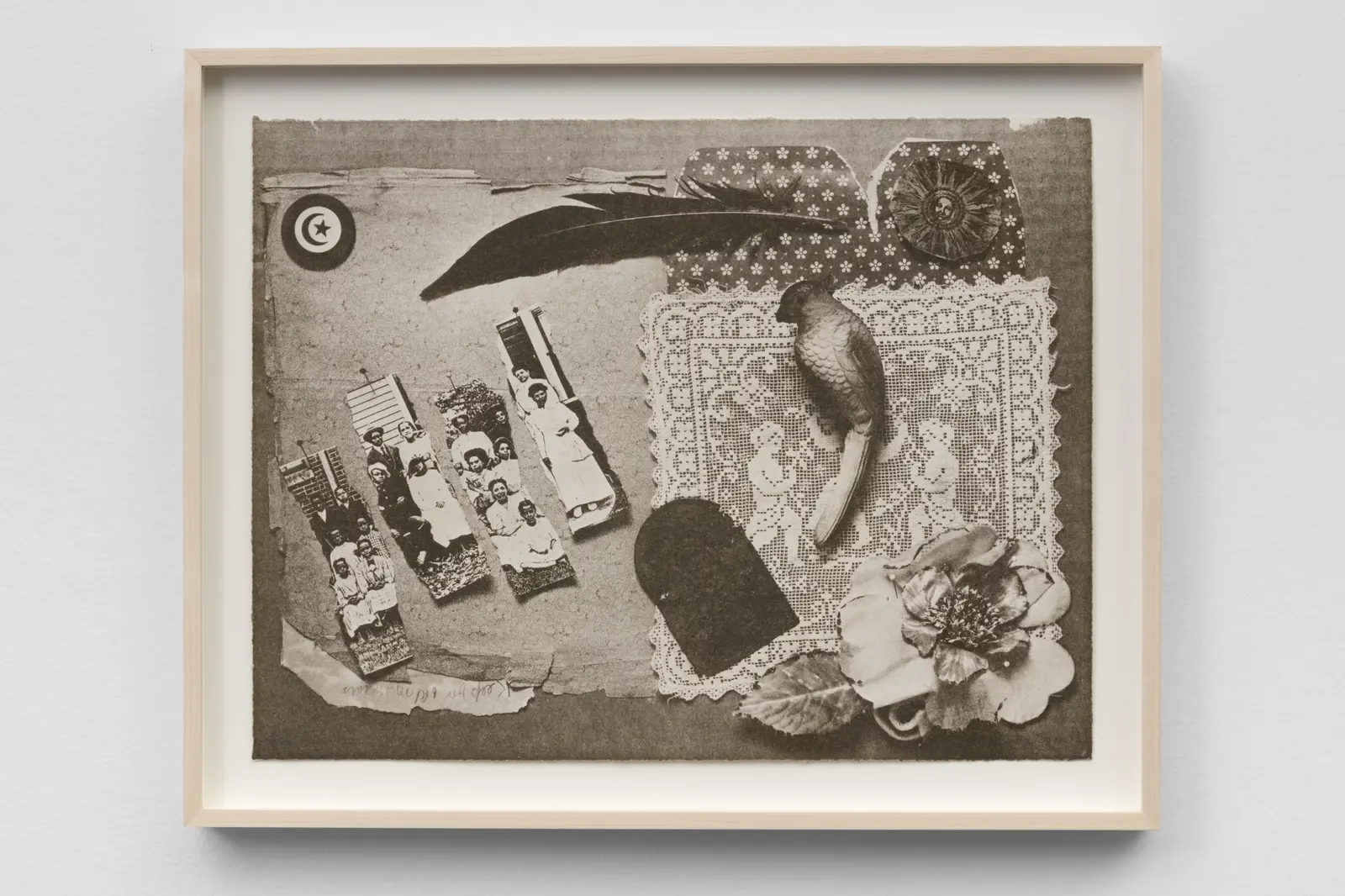 Color lithograph from an aluminum plate depicting an arrangement of several items including torn images of Black women, a bird, a feather, a flower, a paper sun and a lace doily. Handwriting on the bottom reads: Keep for Old Memiors.