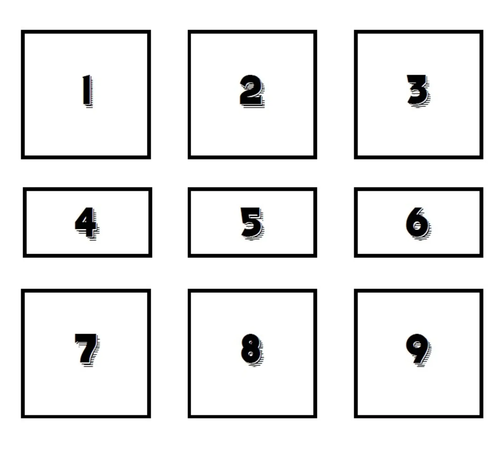 Nine box square grid numbered 1 through 9, with three numbers per row.