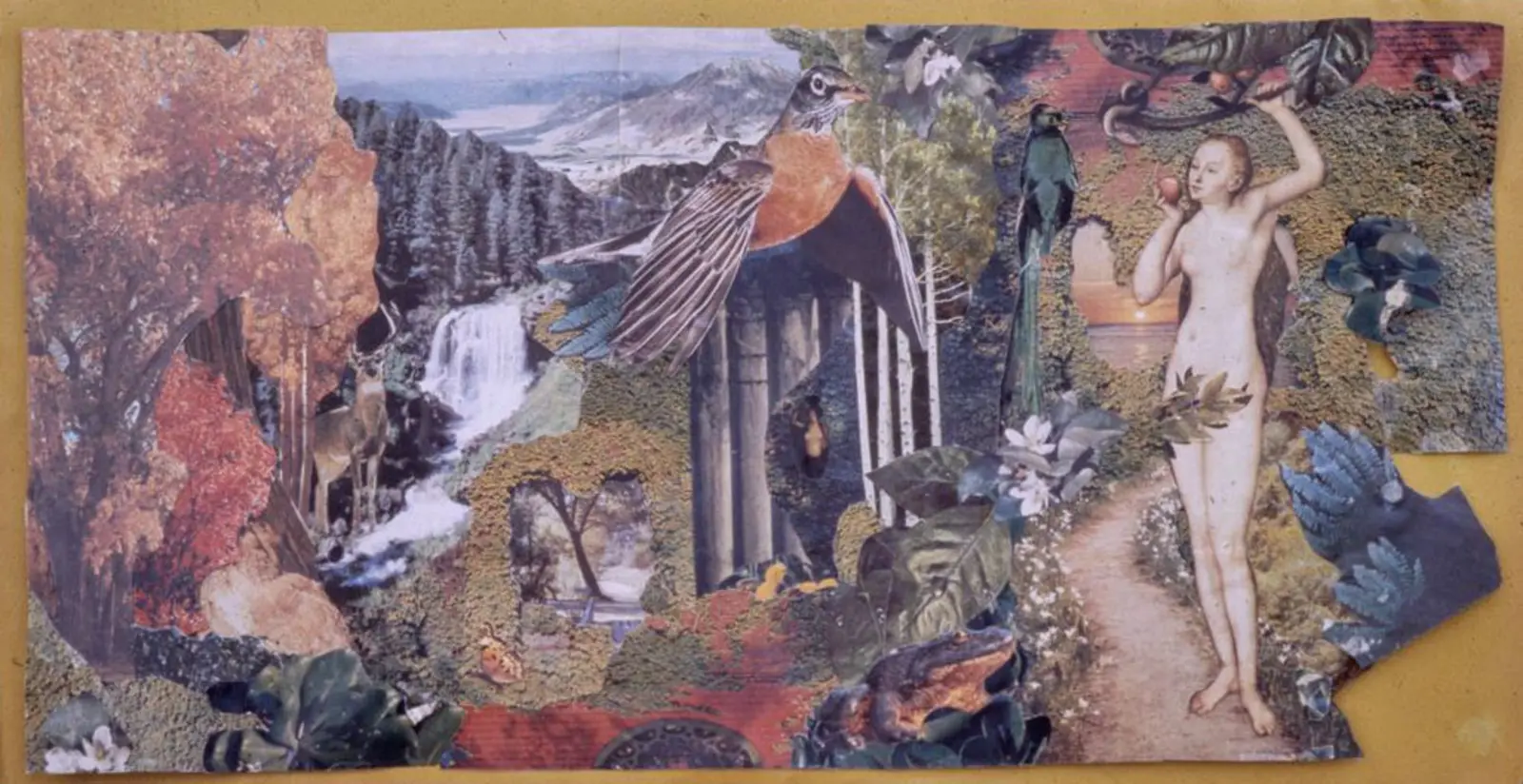 A collaged landscape with trees, waterfalls, and Eve from the Bible.