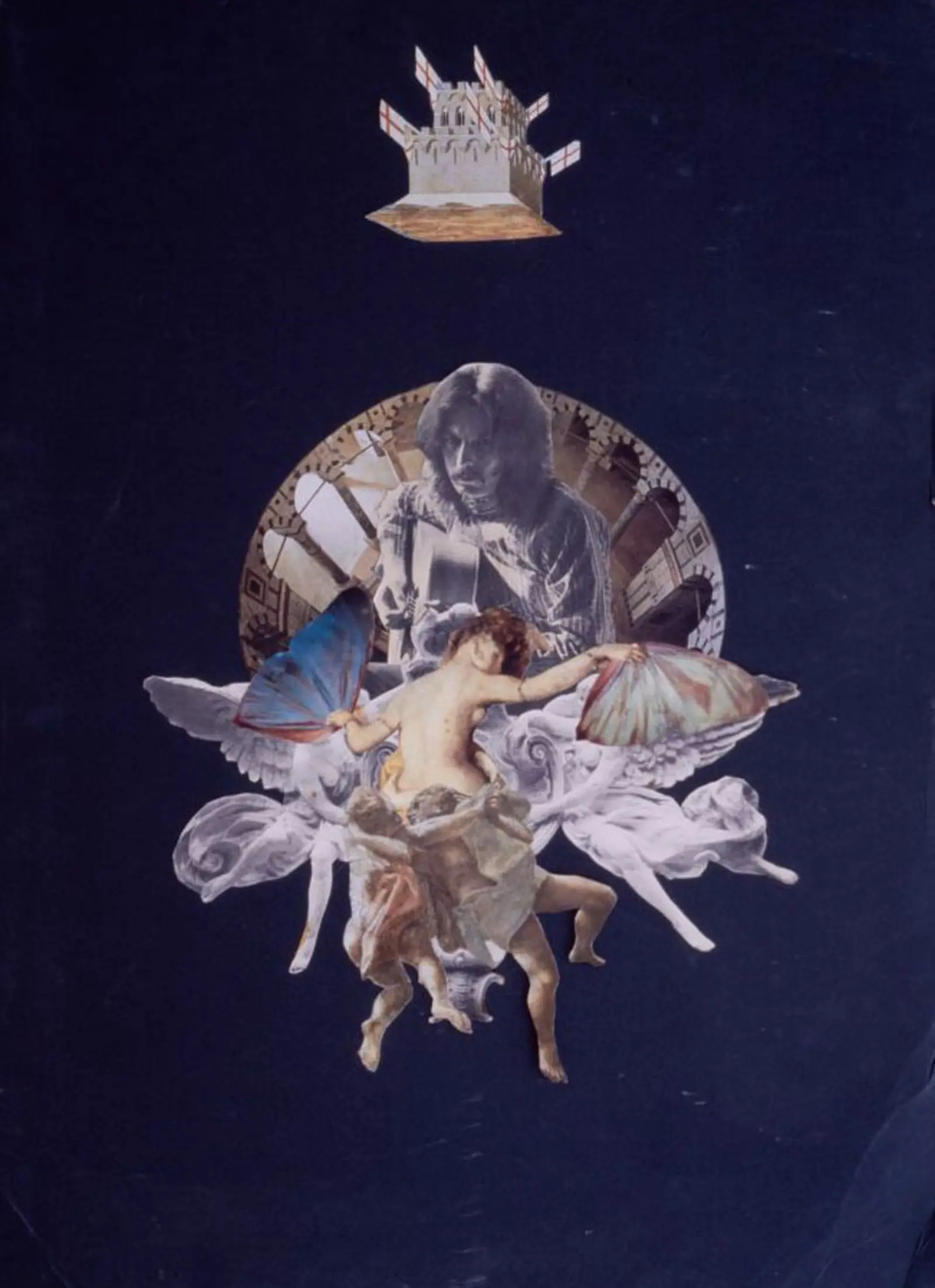 A collage featuring Eric Clapton playing guitar, with winged cherubs underneath him.