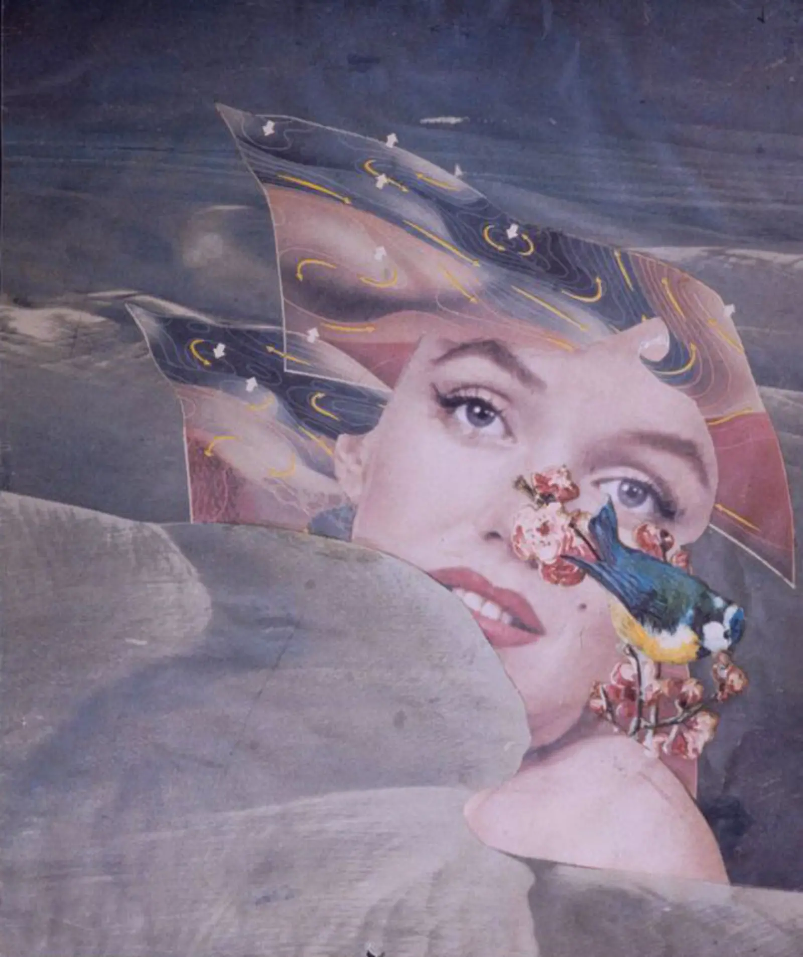 A collage featuring Marilyn Monroe, with flowers, in an abstract environment.