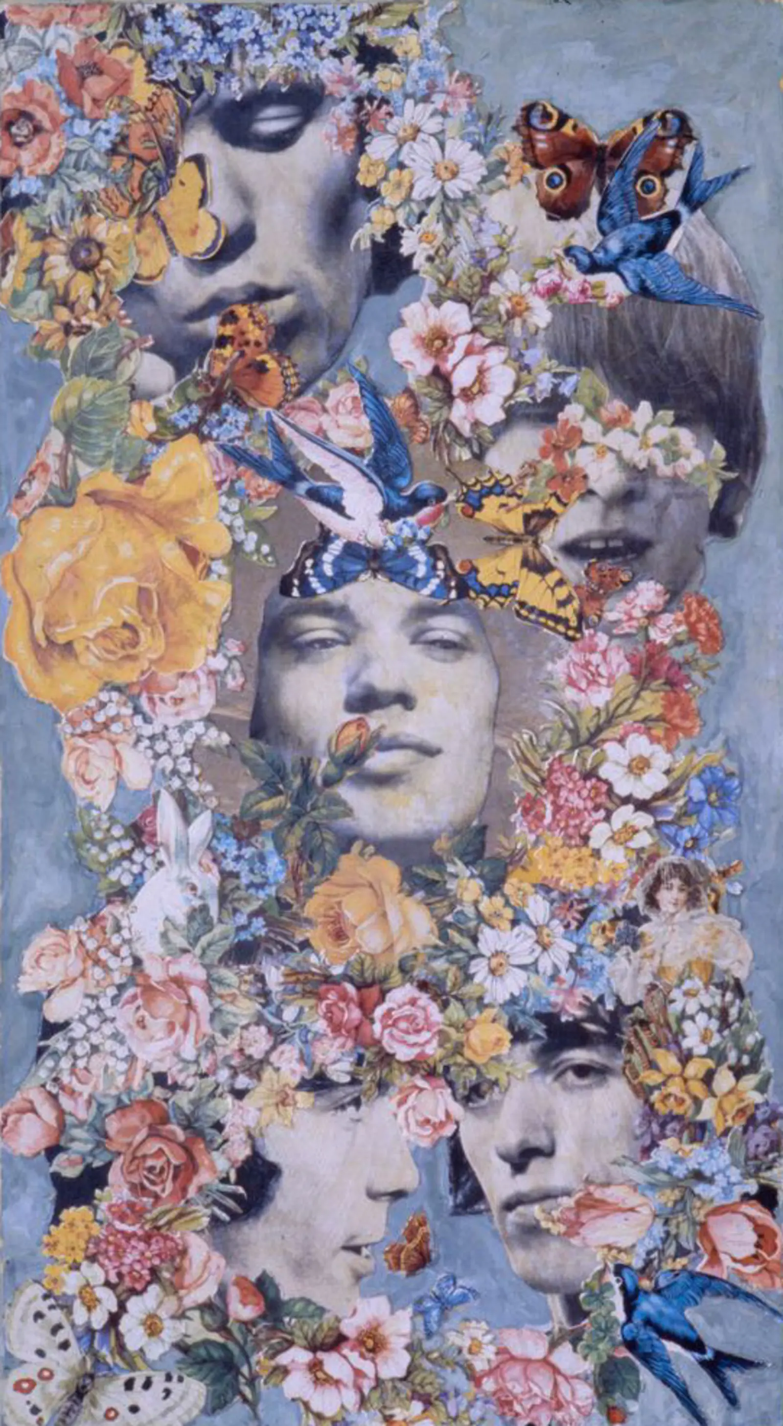 A collage featuring the members of the Rolling Stones surrounded by flowers, birds, and butterflies.