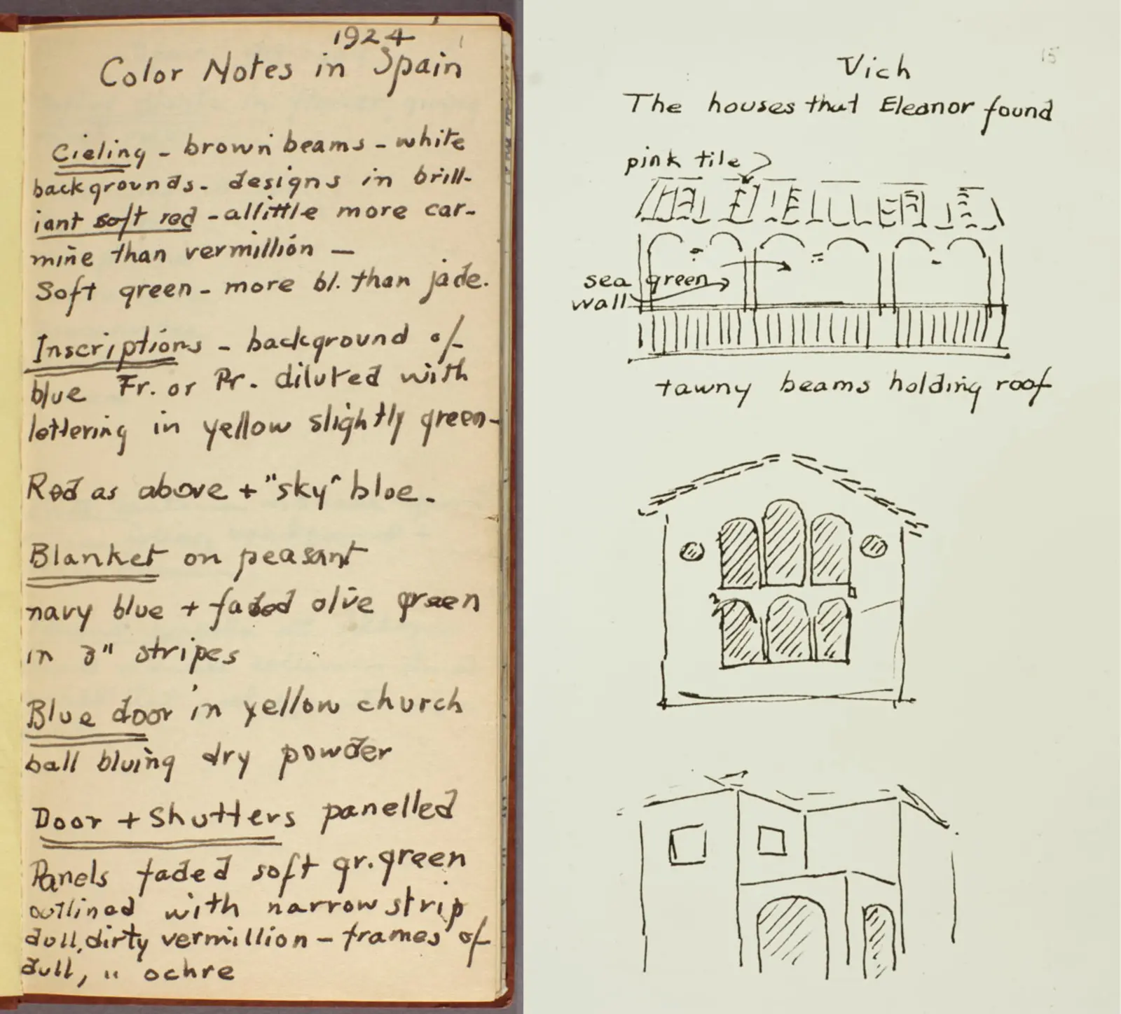 Two side-by-side images: On the left are written notes in a book; on the right are drawings of a house annotated with text.
