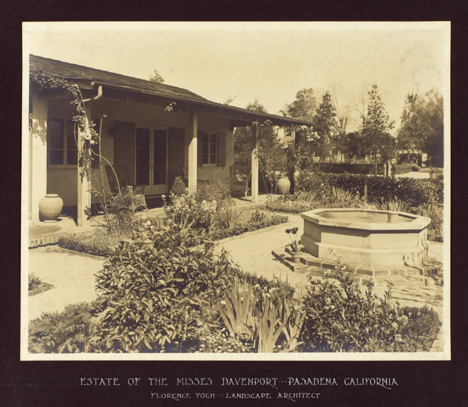 A portfolio page with a sepia-tone photo of a home garden. Text below reads “Estate of the Misses Davenport --- Pasadena California. Florence Yoch --- Landscape Architect.”