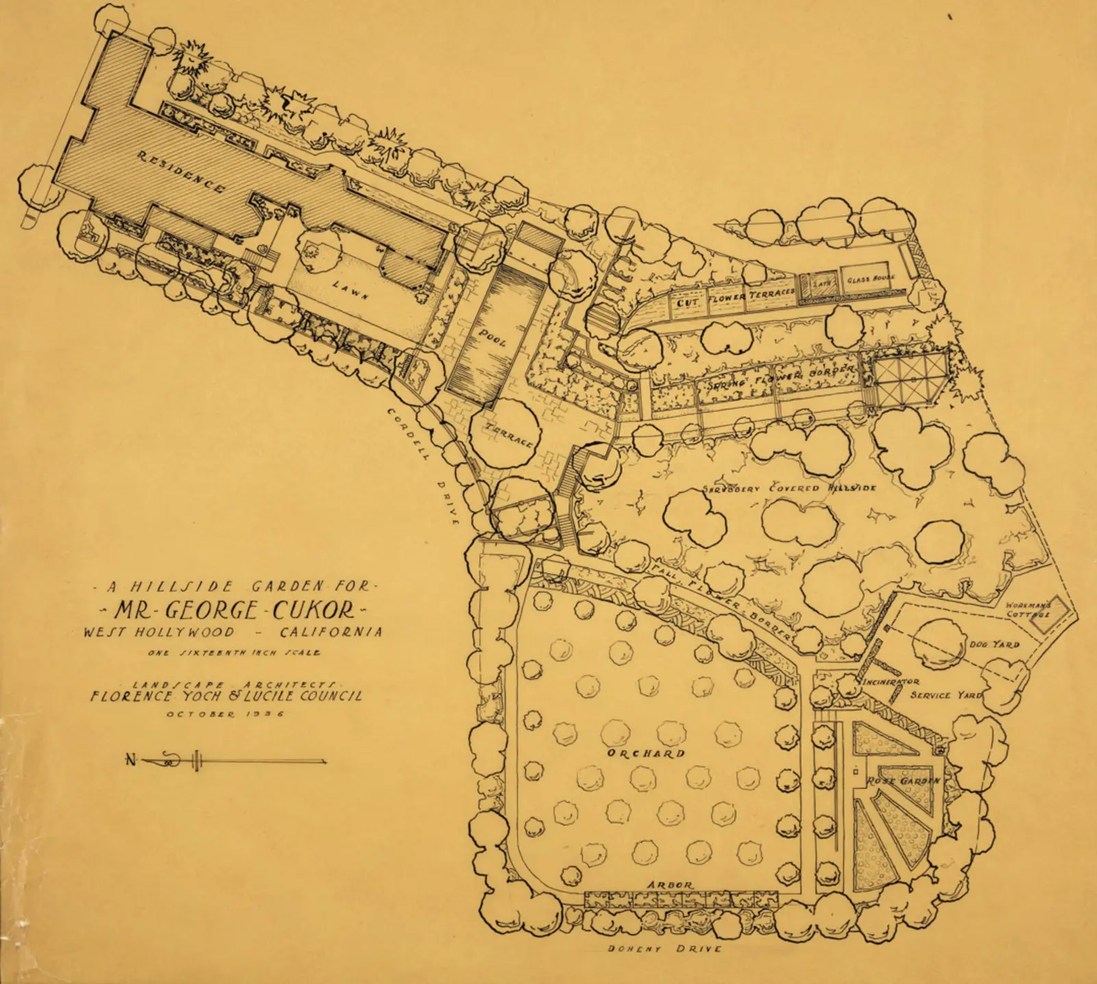 A landscape drawing on yellow paper of a large garden with plans for an orchard, a cut flower garden, and a pool.