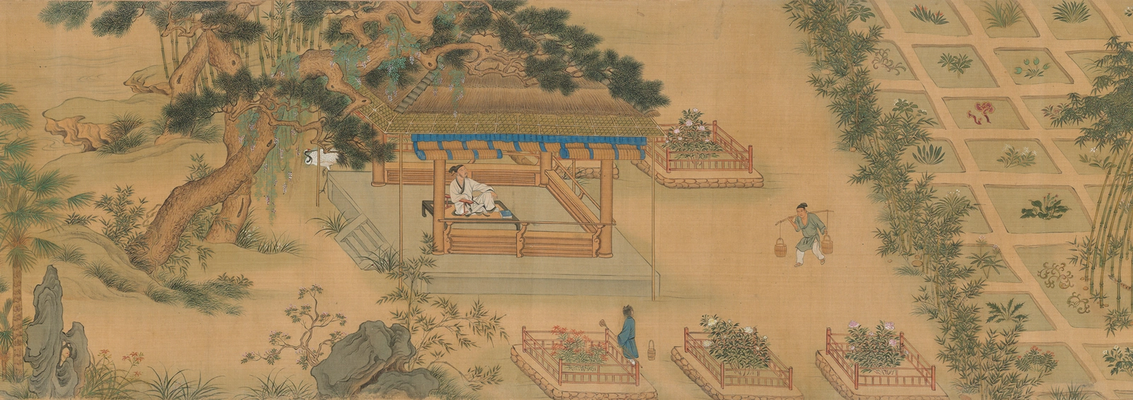 A scroll painting on brown silk depicting a Chinese garden with a shaded structure, trees, laborers, and a grid of cultivated plants.