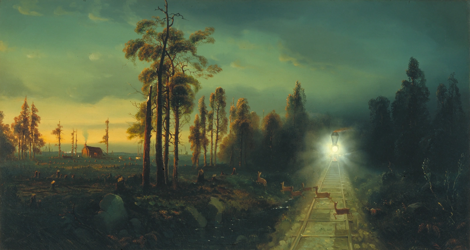 A painting depicts a train light emerging from a dark forest, with an open field to the left.