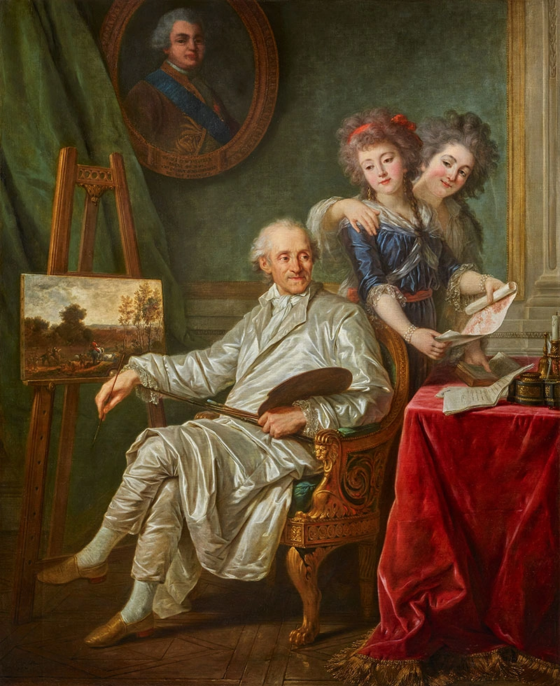 A portrait of a man in silver clothes next to an easal with his two young daughters next to him.