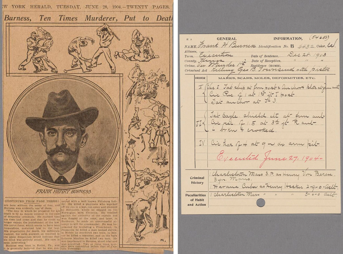 Left: A newspaper clipping with the title “Burness, Ten Times Murderer, Put to Death.” Right: A document labeled “General Information” with handwritten notes including “Executed June 27, 1904” in red ink.