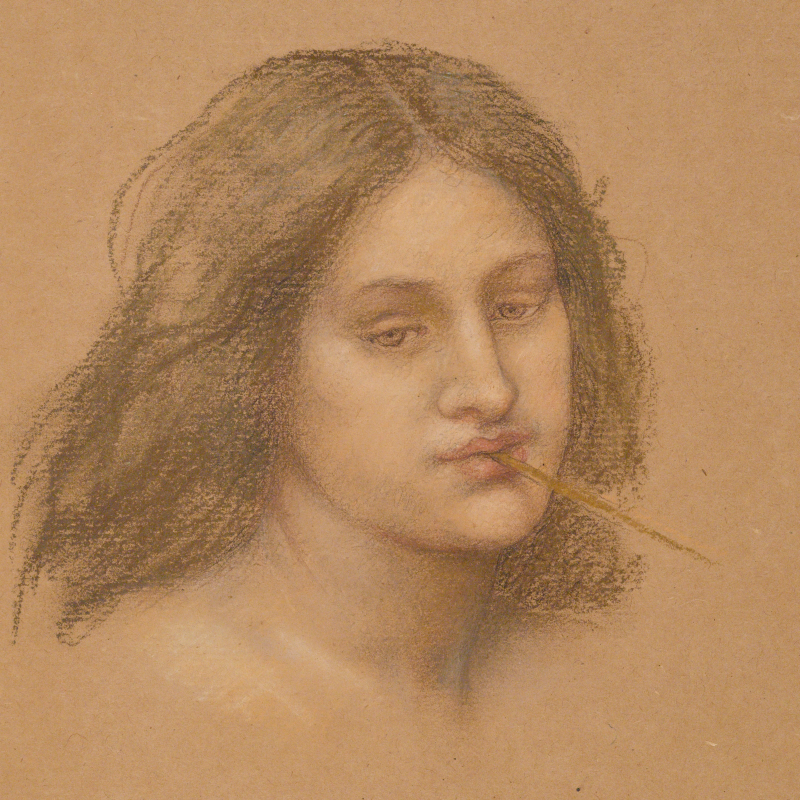 A delicately illustrated portrait of a person with dark shoulder-length hair and a slim cylinder protruding from their mouth.