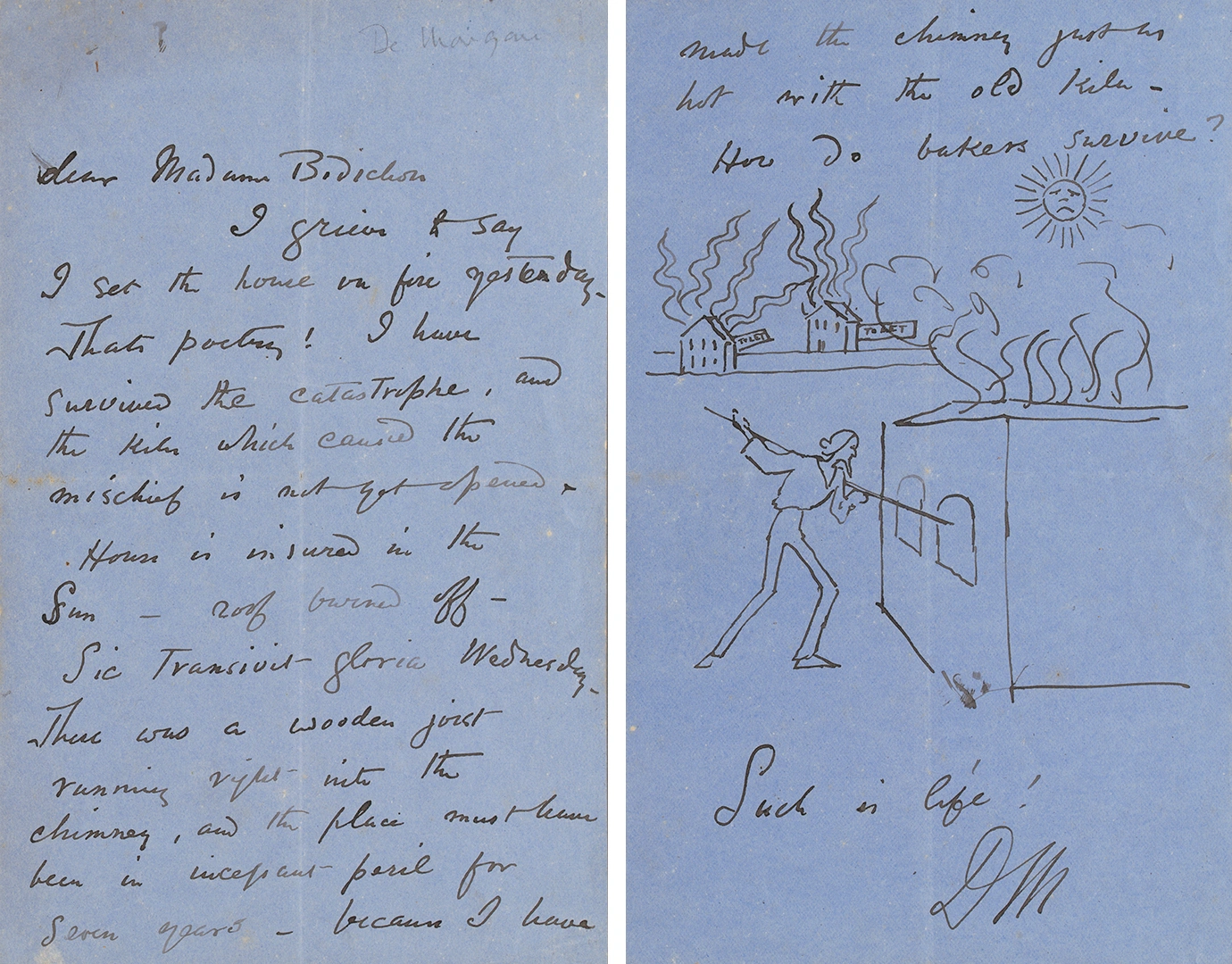 Two pages of a handwritten letter on blue paper, including (on the right) an illustration of a person using a large kiln.