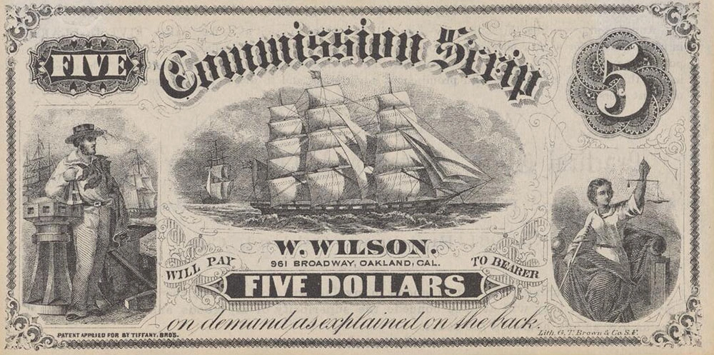 A 19th-century $5 bank note that says: “Commission Scrip” and “Five Dollars.”