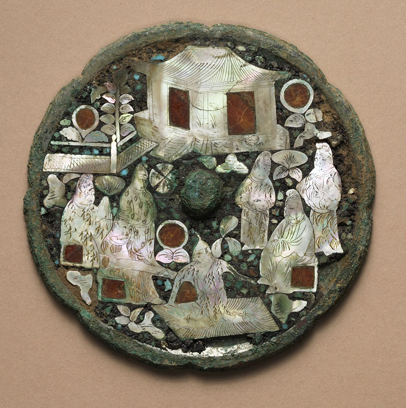 Eight-Lobed Mirror Inlaid with Mother-of-Pearl, Turquoise, and Amber Showing Scene of Musicians and Foreign Dancer