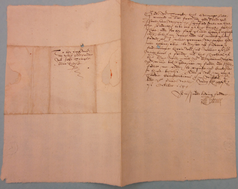 Letter from Robert Dormer, 1st Baron Dormer to John Temple, Oct. 27, 1584