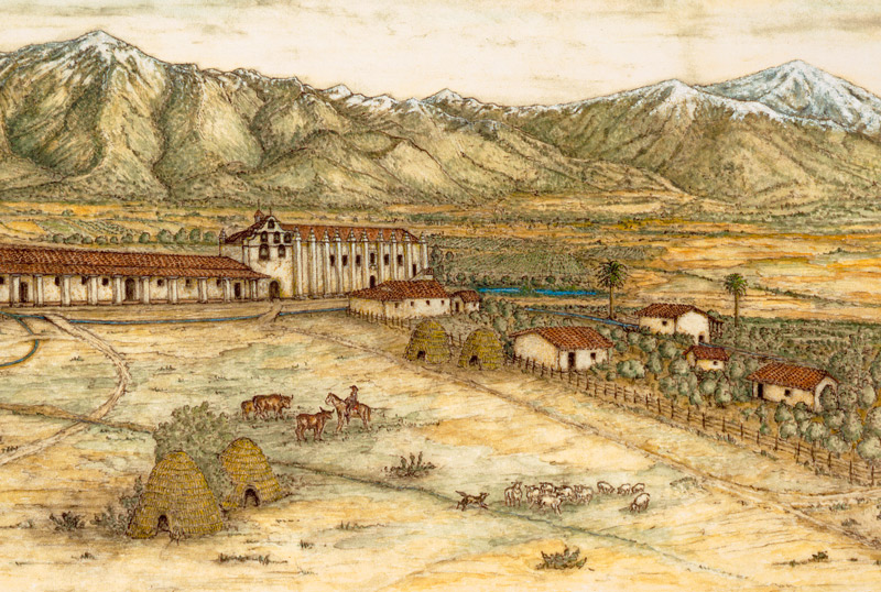 Detail from Michael Hart's drawing of the San Gabriel Mission.
