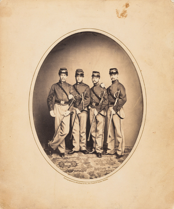 Broadbent & Co., Corporals of the First Troop Philadelphia City Cavalry, 1861. Signed on verso: Robert Morris Jr., M. Edward Rogers, Charles C. Lennig, Robert. E. Randall. Albumen print; print: 8 ¼ x 6 in.; mount: 11 ½ x 9 ⅝ in. Huntington Library, Art Collections, and Botanical Gardens.