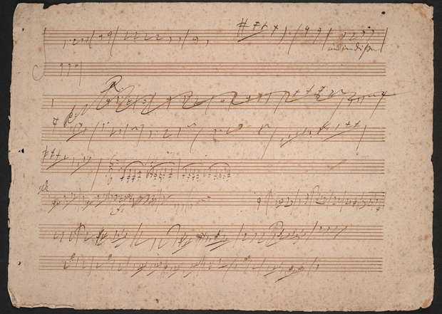 Ludwig van Beethoven, autograph manuscript fragment, score for the first chorus of “King Stephen,” ca. 1811. Huntington Library, Art Collections, and Botanical Gardens.