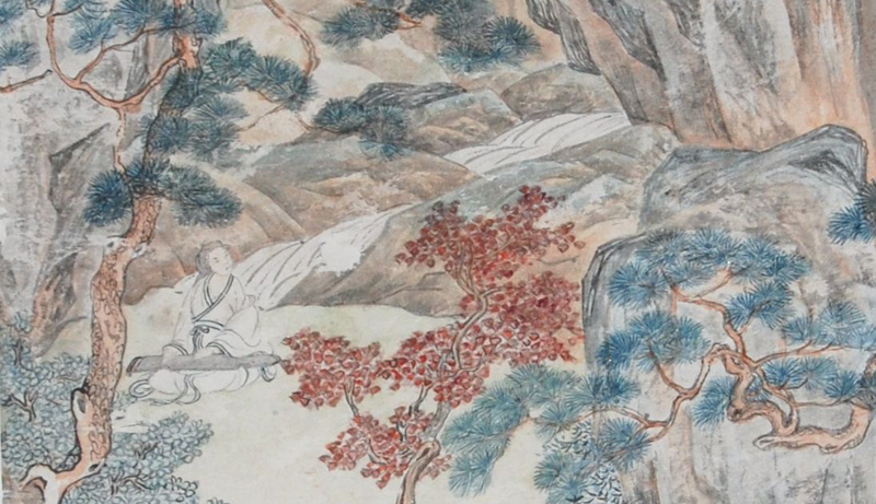 Xiang Yuanbian 項元汴 (1525–1590), detail of qin player from Landscape after a Poem by Ji Kang 嵇康 (223–262). Hanging scroll, ink and color on paper. From the Wan-go H. C. Weng Collection, used with permission.