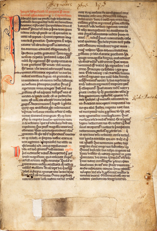 Pope Gregory the Great (ca. 540–604), Cura Pastoralis, in Latin, 32 leaves. This hand-decorated manuscript on vellum was owned by and probably written at the Reading Abbey in Berkshire, England, around 1225–1250. Huntington Library, Art Collections, and Botanical Gardens.