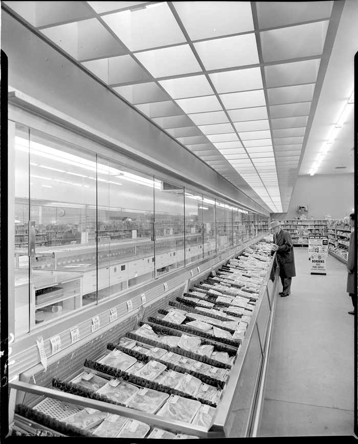 Meat department in Schaub's supermarket, Doug White, no date. Huntington Library, Art Collections, and Botanical Gardens.