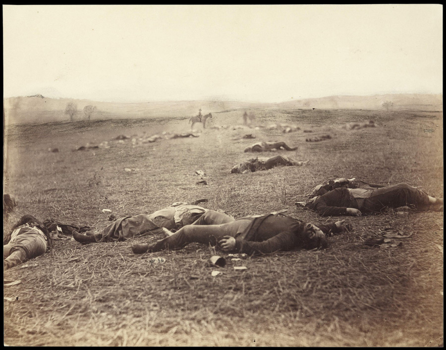 Battle-Field of Gettysburg. View on the Field after Fight of First Day, July 4, 1863 (printed later); also known as “Harvest of Death.” Timothy H. O’Sullivan (ca. 1840–1882), photographer; printed by Alexander Gardner (1821–1882) in the two-volume work Gardner’s Photographic Sketchbook of the War (1865–66). Huntington Library, Art Collections, and Botanical Gardens.