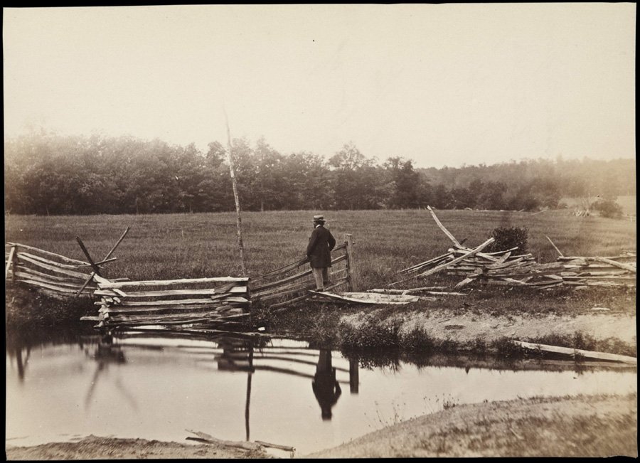 Wheatfield in Which General Reynolds Was Shot, Gettysburg, July 1863 (printed later), attributed to Egbert Guy Fowx (born ca. 1821) for Mathew B. Brady (1823–1896). Photographer Mathew Brady strikes a contemplative pose at the edge of the sprawling wheat field where 7,500 had recently perished. Huntington Library, Art Collections, and Botanical Gardens.