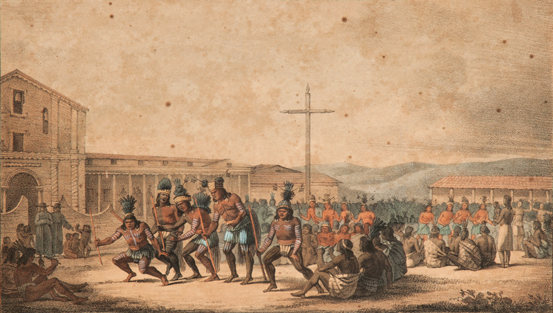 On display in “Junípero Serra and the Legacies of the California Missions” is this print showing Indians performing music and dance at Mission San Francisco.