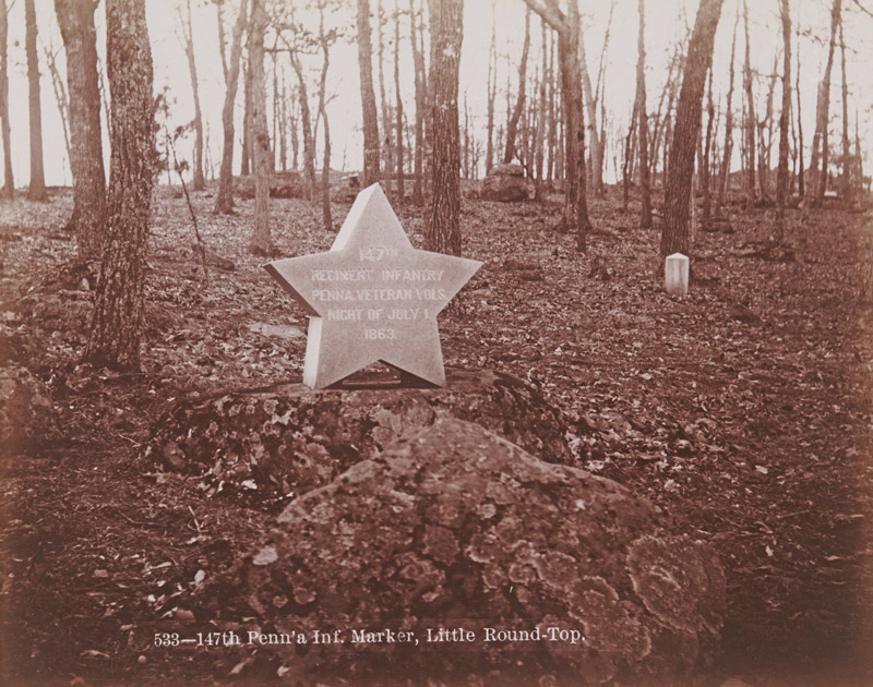 Monument to the 533-147th Pennsylvania Infantry at Little Round Top, site of an unsuccessful assault by Confederates on the second day of the Battle of Gettysburg. This photo is from a book published by the Gettysburg National Military Park Commission, The Location Of The Monuments and Tablets On The Battlefield Of Gettysburg, 1898.