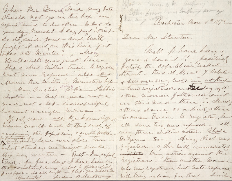 Susan B. Anthony (1820–1906), letter to Elizabeth Cady Stanton, Rochester, N.Y., Nov. 5, 1872.