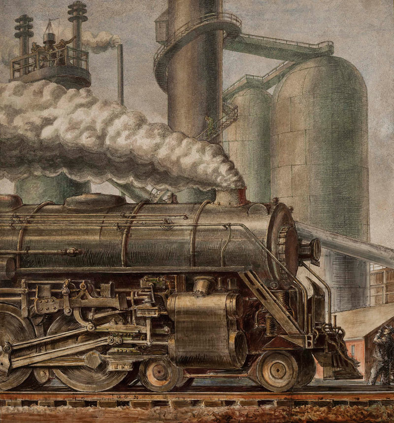 Reginald Marsh (1898–1954),<br />
 The Locomotive, 1935. Tempera on concrete. The Huntington Library, Art Collections, and Botanical Gardens.