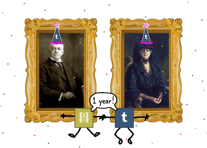 Graphic with portrait of Henry and Arabella Huntington in party hats