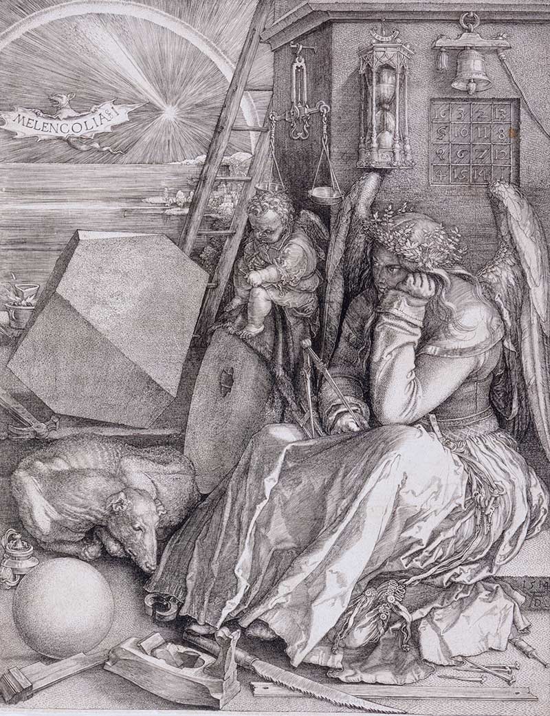 Melencolia I, 1514, on loan from the Los Angeles County Museum of Art, is one of 33 engravings by Albrecht Dürer that are on view in a small exhibition in the Works on Paper Room. Together with Knight Death and the Devil (1513) and St. Jerome in His Study (1514), the three large and ambitious engravings are now known as the “Meisterstiche,” or Master Prints.