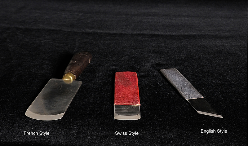 The three main types of knives used in bookbinding and conservation.