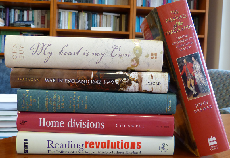 Some of the dozens of books that have acknowledged a debt to Mary Robertson: John Guy’s My Heart Is My Own: The Life of Mary, Queen of Scots (Harper, 2004); Barbara Donagan’s War In England, 1642–1649 (Oxford University Press, 2008); Conferences and Combination Lectures in the Elizabethan Church: Dedham and Bury St. Edmunds,1582–1590, edited by Patrick Collinson, John Craig, Brett Usher (Boydell Press, 2003): Thomas Cogswell’s Home Divisions: Aristocracy, The State, and Provincial Conflict (Stanford University Press, 1998); Kevin Sharpe’s Reading Revolutions: The Politics of Reading in Early Modern England (Yale University Press, 2000); and John Brewer’s The Pleasures of the Imagination: English Culture in the Eighteenth Century (Farrar, Straus and Giroux, 1997).
