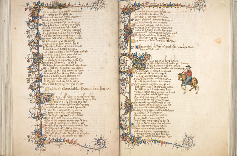 Maidie Hilmo thanked Mary Robertson for “spending a day with me examining the Ellesmere manuscript.” From the acknowledgments in Medieval Images, Icons, and Illustrated English Literary Texts: From Ruthwell Cross to the Ellesmere Chaucer (Ashgate, 2004). Above is The Huntington’s Ellesmere manuscript of Chaucer’s Canterbury Tales, open to “The Wife of Bath’s Tale.”